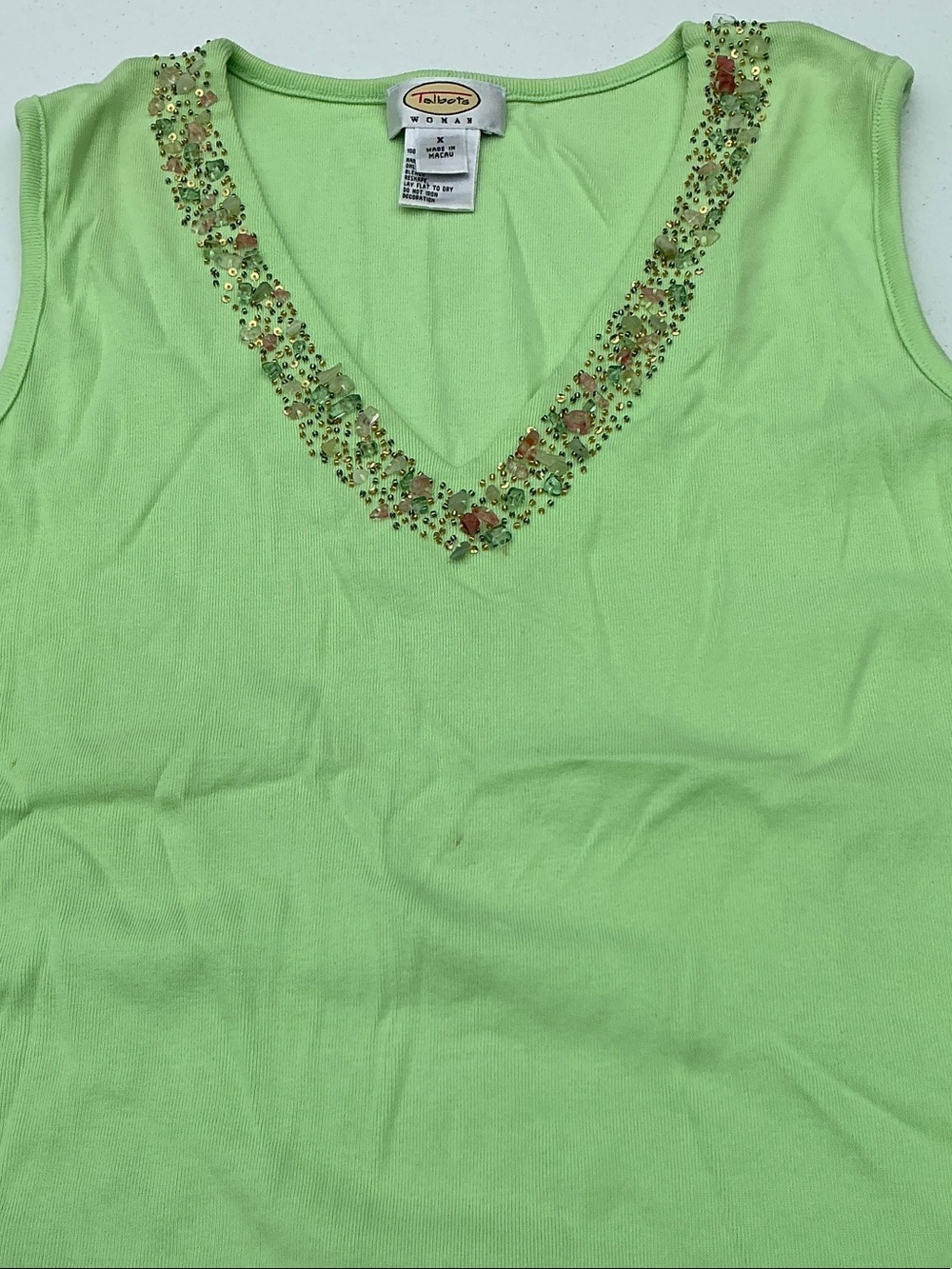 Talbots Lime Beaded V-Neck Sleeveless Top